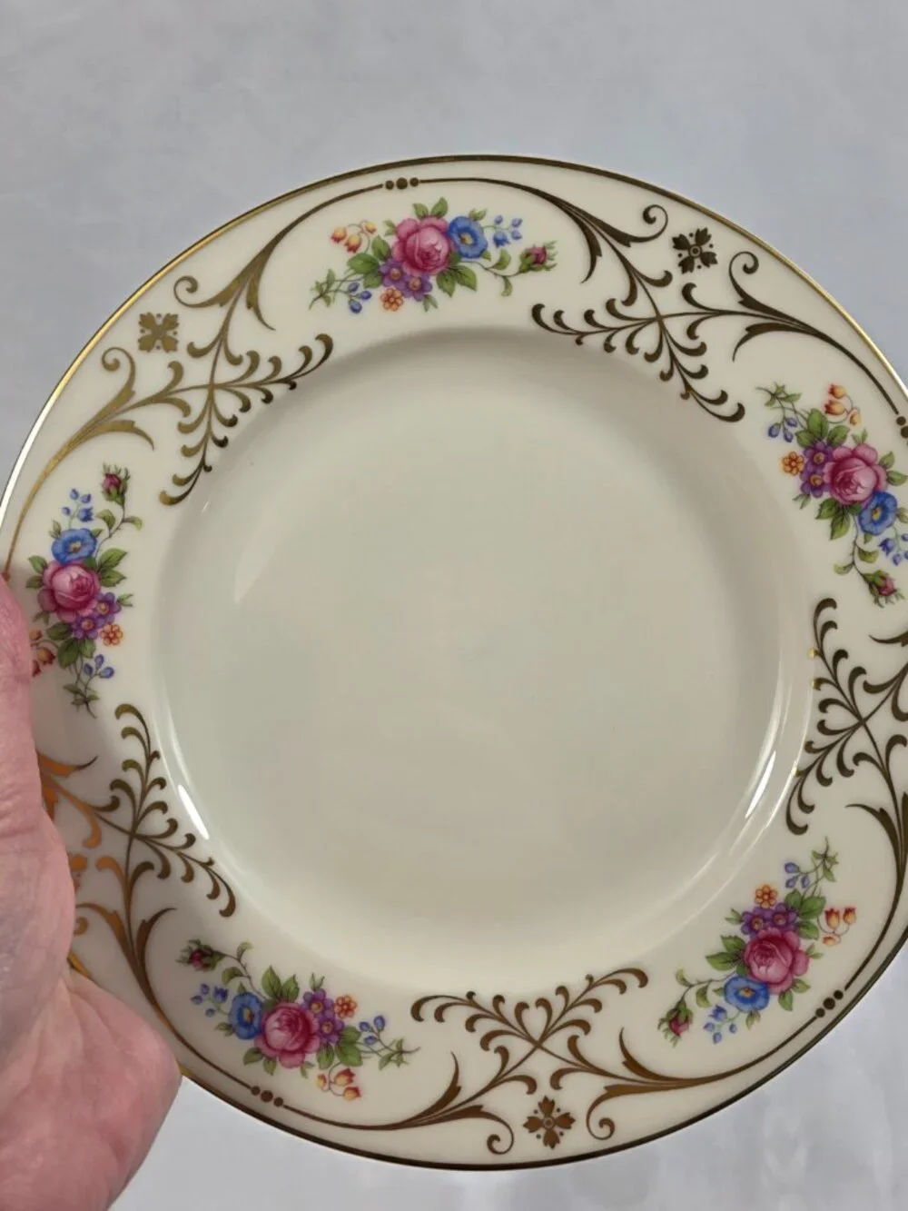 TWO Lenox Radience Luncheon Plates Ivory with Rose Bouquets, Gold Scrolls & Trim